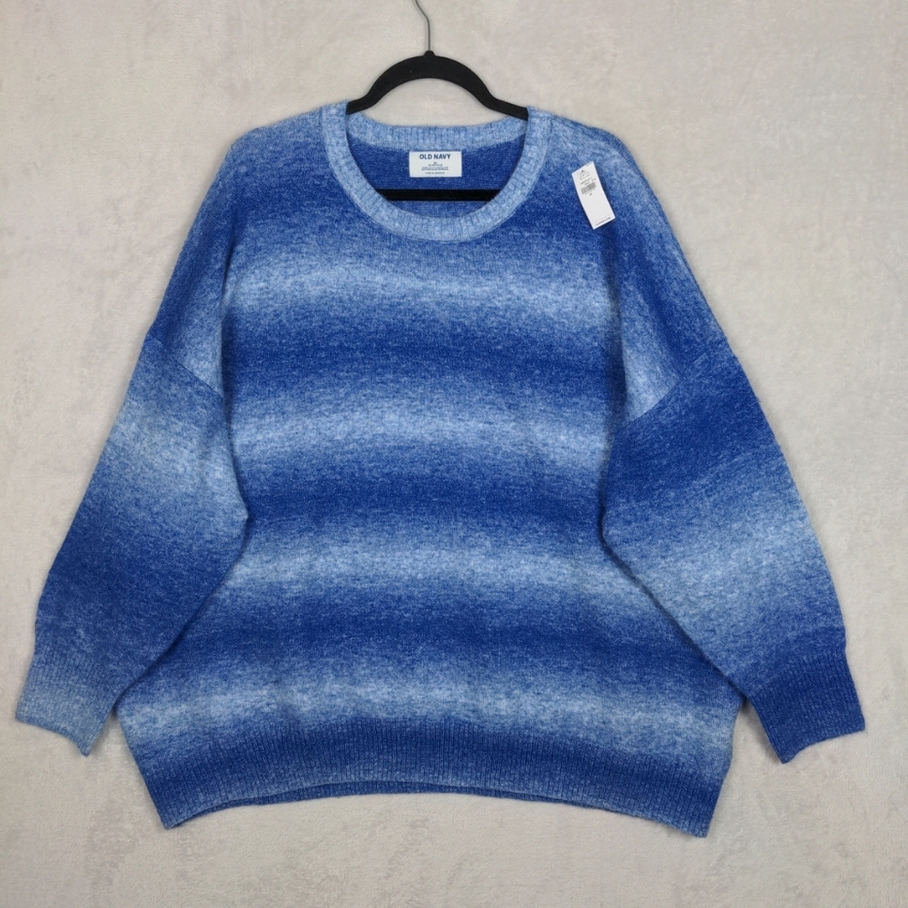 NWT Old Navy Go Recycled Sweater Women 3X Blue Striped Knit Crew Neck Nautical
